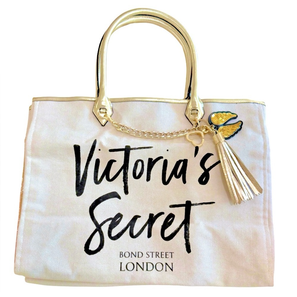 Victoria’s Secret Bond St. London Canvas Tote Bag • Ivory & Champagne Gold